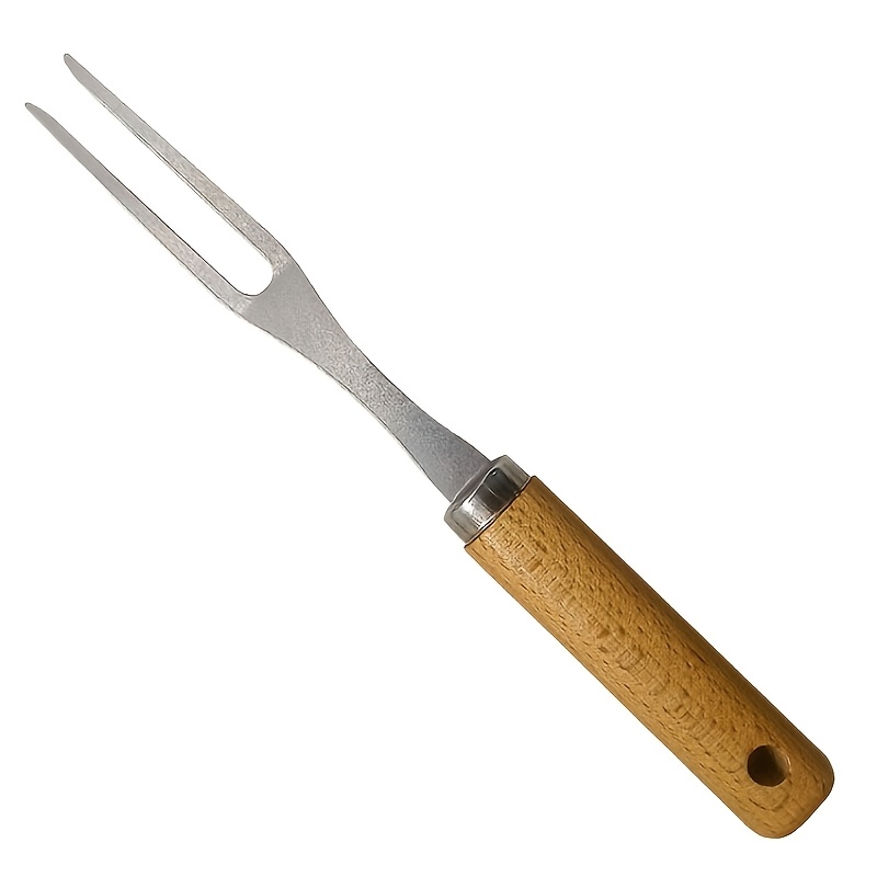 Image of 1pc Stainless Steel Meat Carving Fork With Wooden Handle, Serving Fork For Bbq, Steak, Roast Turkey, Fruit Salad, Heat Resistant Kitchen Tool