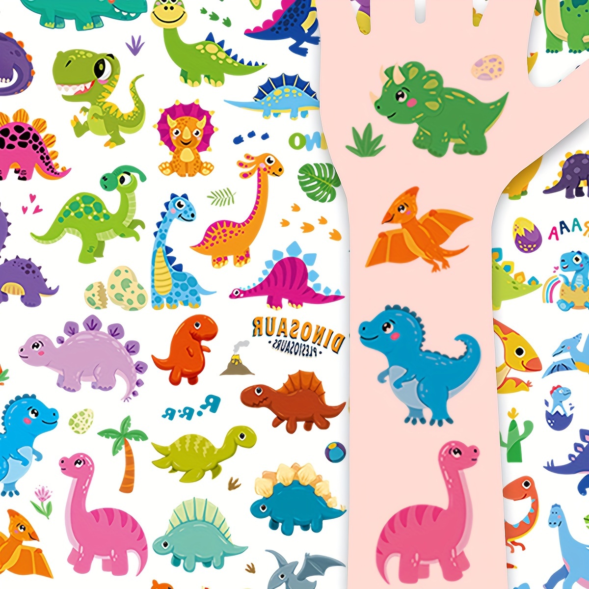 

110-piece Cute Cartoon Dinosaur Temporary Tattoos For Boys, Waterproof Fake Body Art Stickers, Oblong Shape, Lasts 2-5 Days, Fun Arm Tattoos, Pack Of 10 Sheets