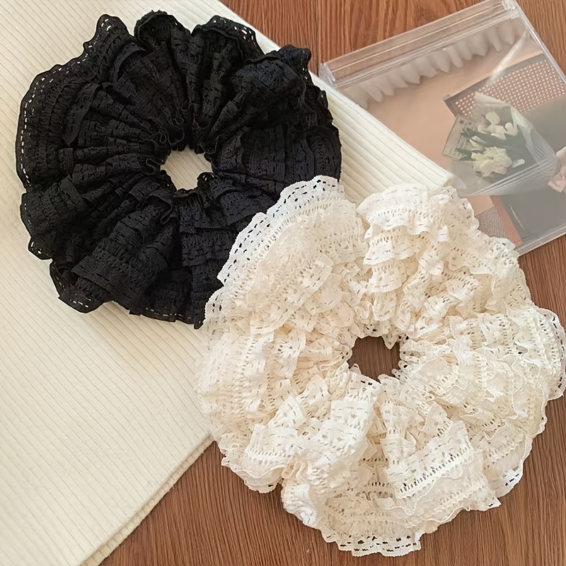 TEMU 2pcs New Premium Lace Scrunchies For Women, Hair Ties For Ponytails, Head Flowers, Gentle And Lazy Style, Exquisite Large Hair Accessories