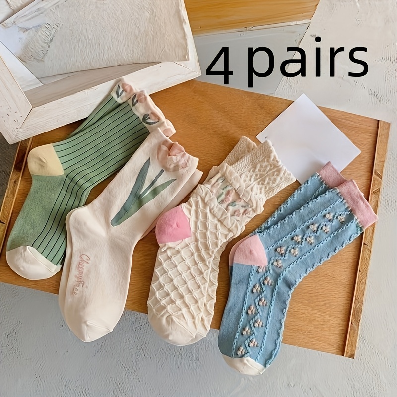Image of 4 Pairs Of Women's Socks, Suitable For , Comfortable, Breathable, Versatile, Cute, And Featuring Tulip Design In A