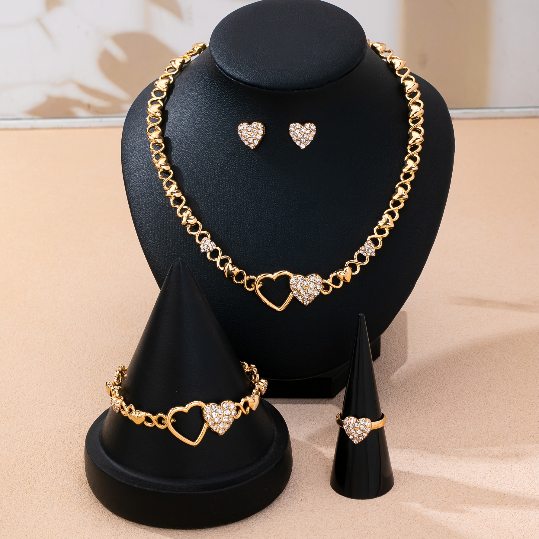 Light Luxury Double Heart Jewelry 4pcs Set, Necklace & Earrings