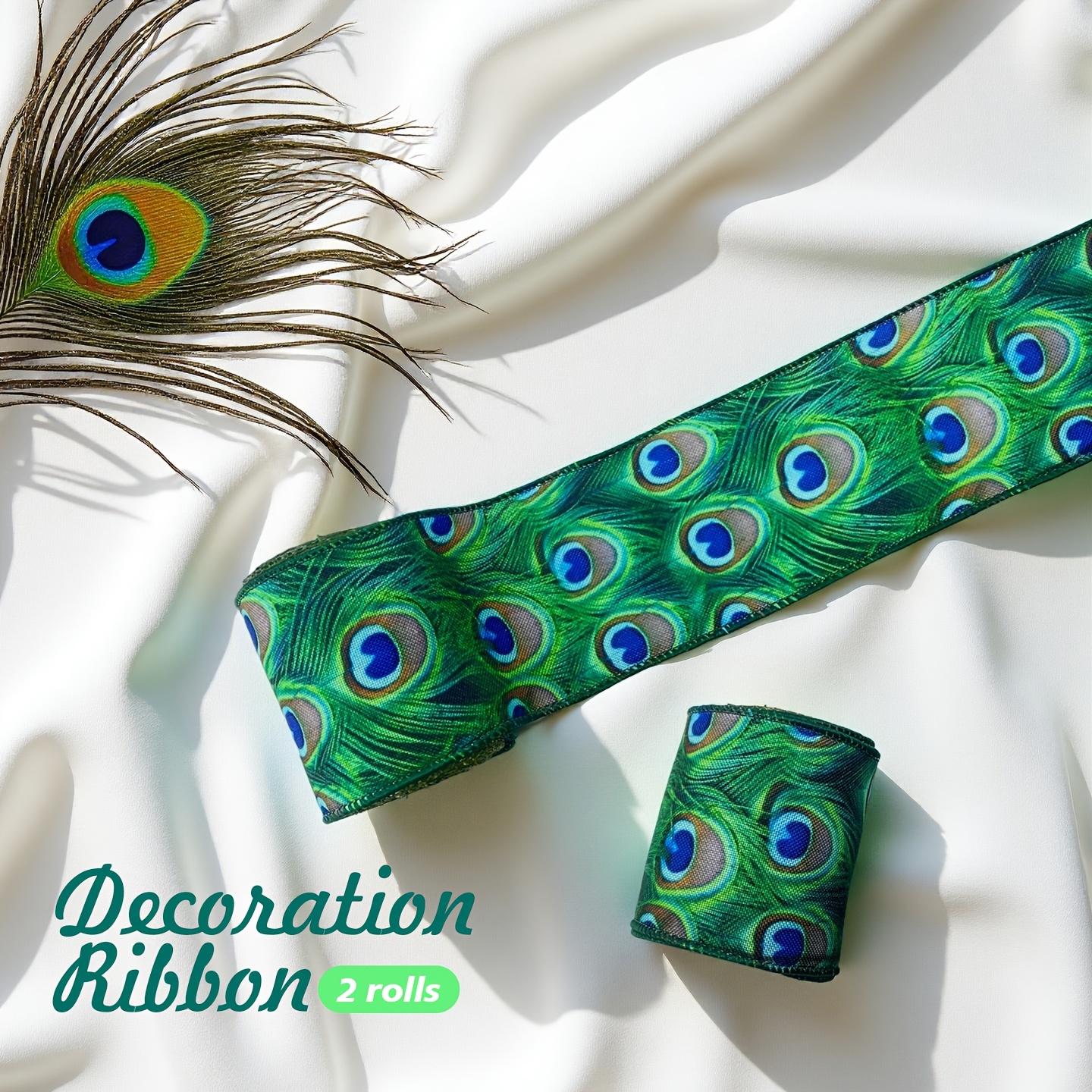 TEMU 2 Rolls Of Exquisite Peacock Patterned Ribbon - 6.3cm Wide, Total Length Of 3 Yards, With Wire Edges For Easy Shaping - Suitable For Wedding And