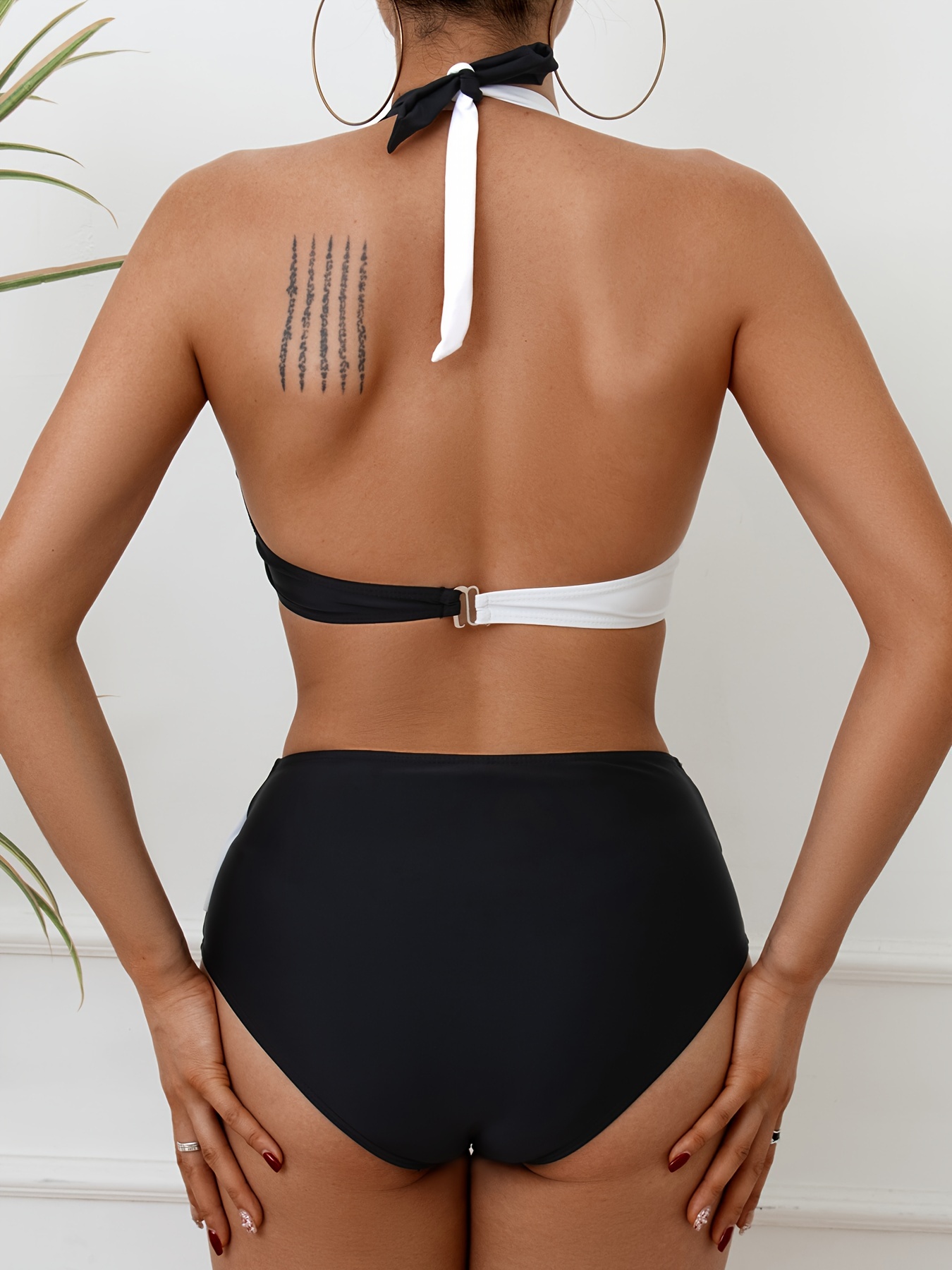 Black White Color Block Halter Bikini Tie Neck Backless - Temu