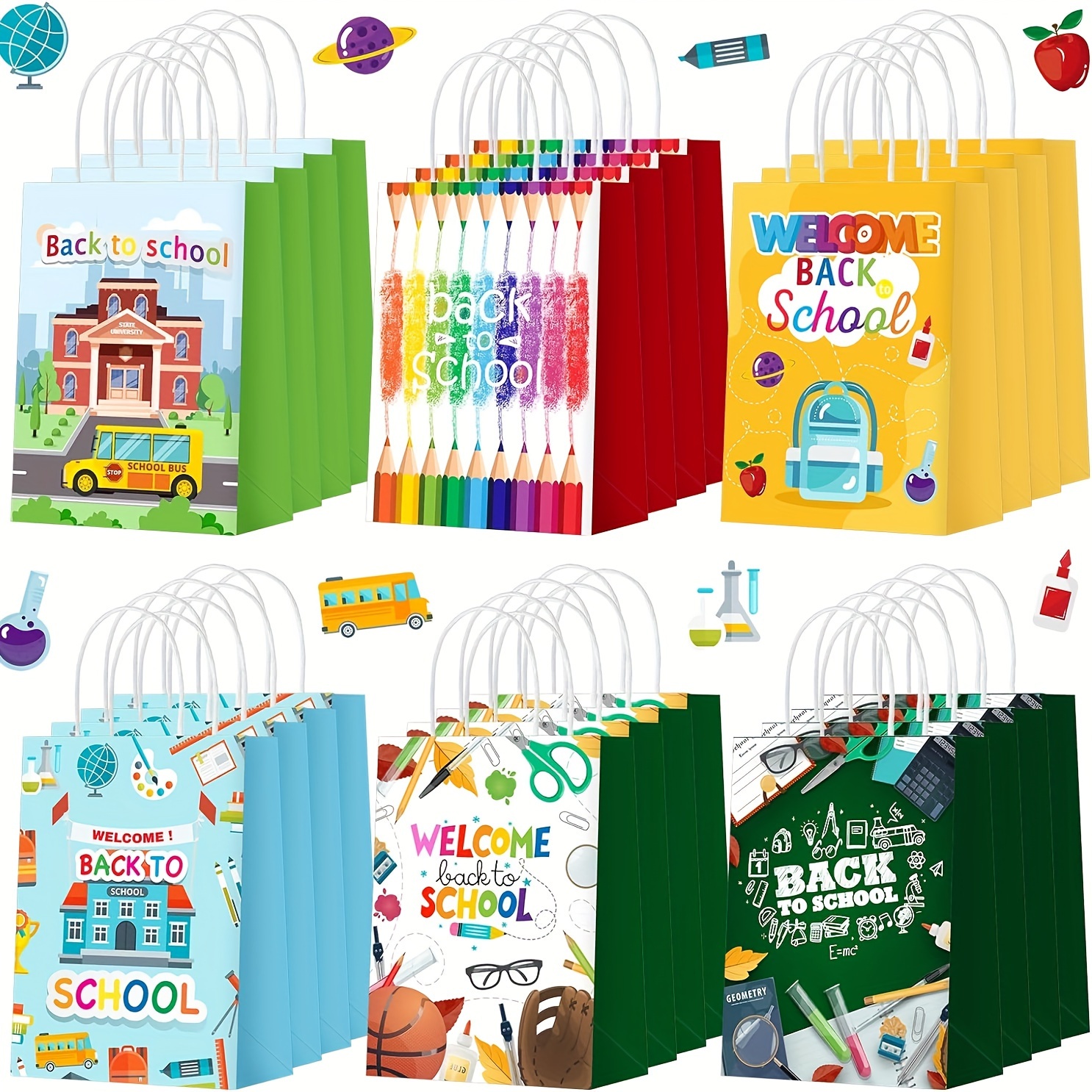 

24pcs Back To School Gift Bags With Handle First Day Of School Colorful Paper Bags Candy Goodie Bags Gift Wrapping Bags For Party Favors Supplies