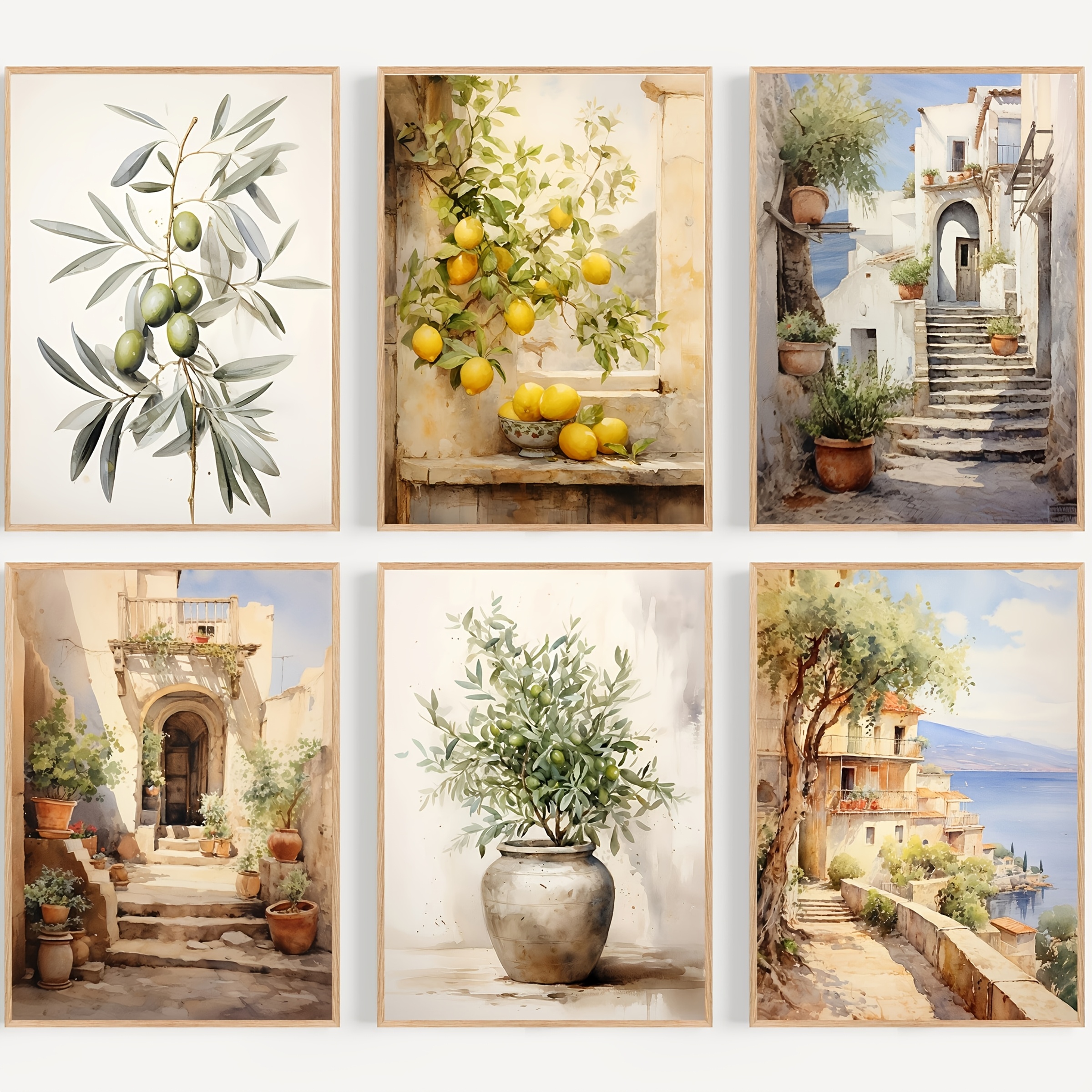 TEMU 2d Flat, 2d Flat, 6pcs Framed Canvas Poster Set | Vintage Mediterranean Art, Lemon & Olive Tree, Italian Landscape Prints - Ideal For Bedroom,