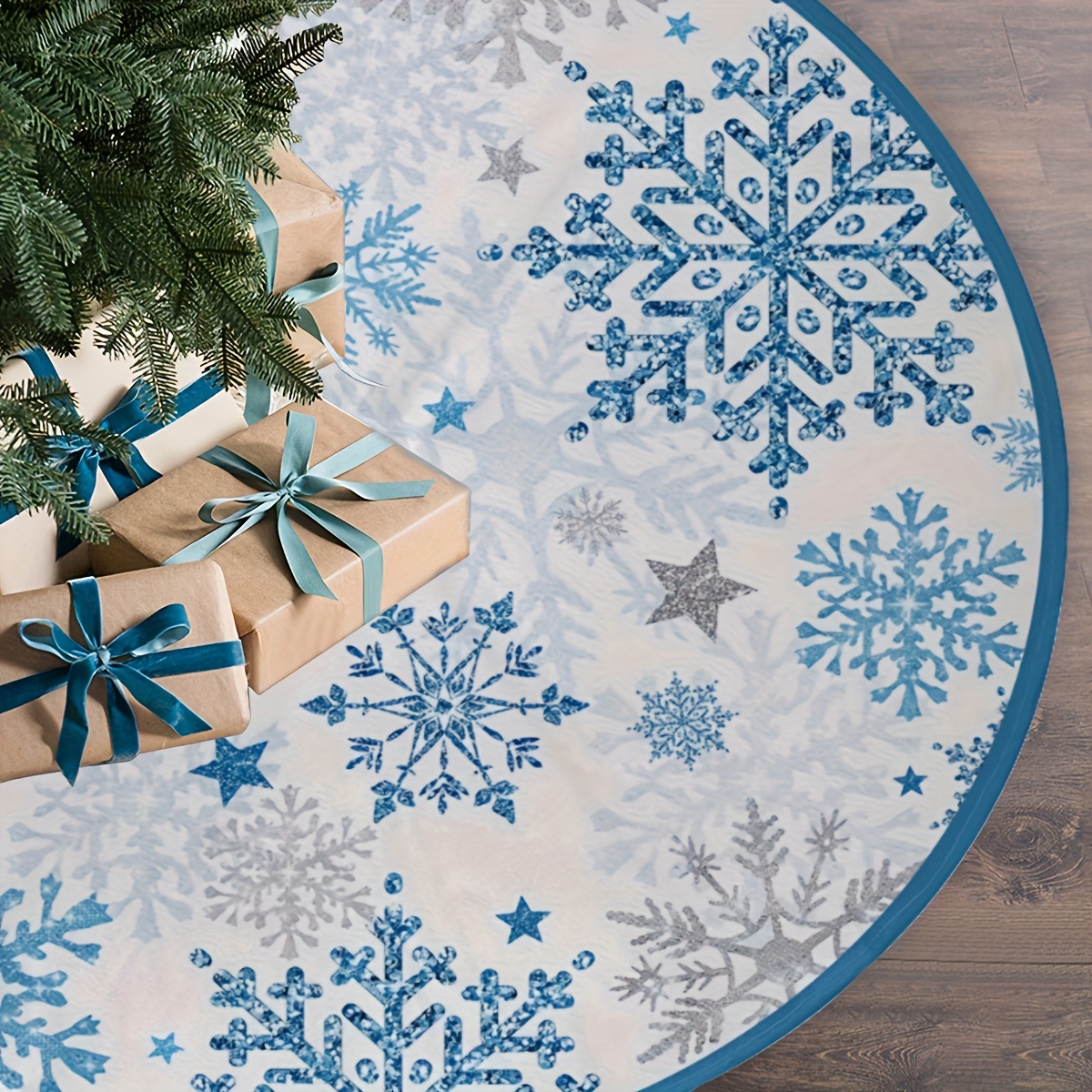 TEMU 1pc Festive 48-inch Christmas Tree Skirt, Snowflake And Star Pattern, Durable Polyester, Perfect For & Farmhouse Decoration