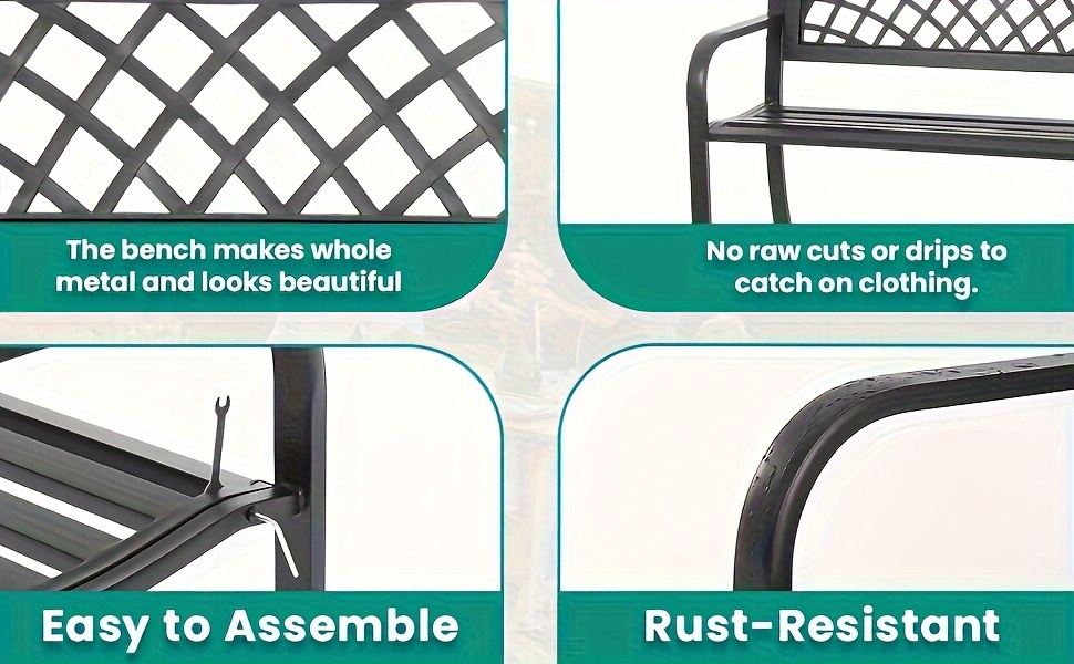 [Iron Frame Patio Bench Black] Garden Bench, Outdoor Benches, Iron Steel Frame Patio Bench with Mesh Pattern and Plastic Backrest Armrests for Lawn Yard Porch Work Entryway, Black