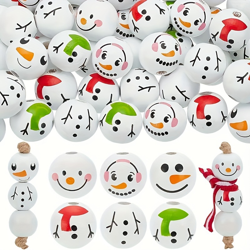 

Wooden Snowman Print Beads - 20mm Set Of 20 Multifunctional White Wood Beads For Diy Jewelry Making, Christmas Decorations, And Country Crafts