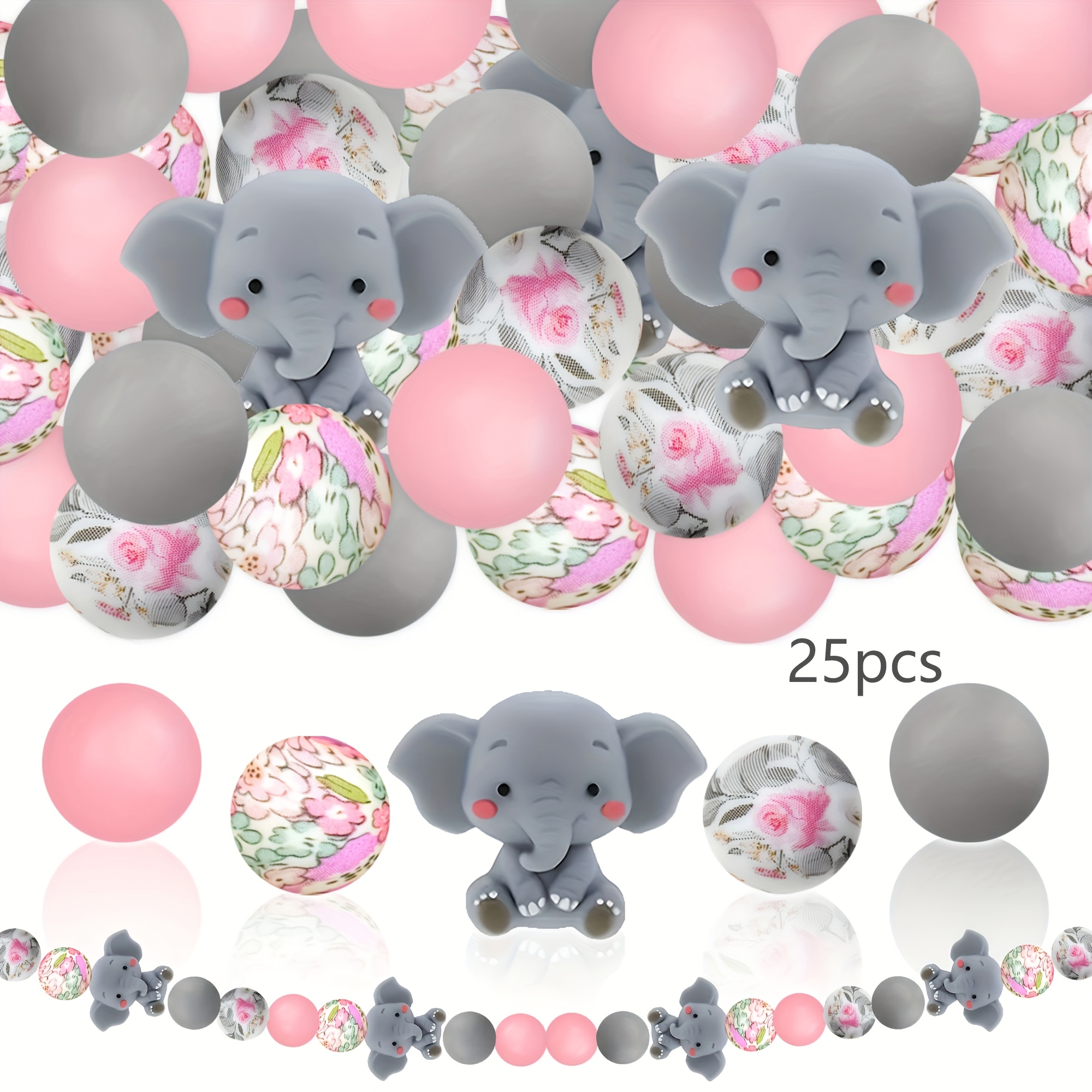 E-shop Ein Set aus 25 grauen Silikon-Elefantenperlen in Puderfarbe, als Geschenk zum Schulanfang. Ideal zur Dekoration von Schmuck wie Ohrringen und