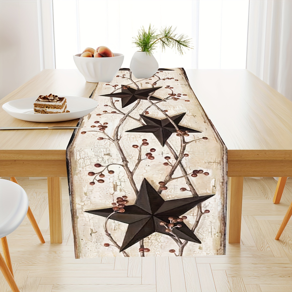 

Rustic Farmhouse Star Print Premium Rectangle Table Runner - 100% Polyester Woven Table Decor For Indoor Family Gatherings, Holiday Kitchen Dining (set Of 1)