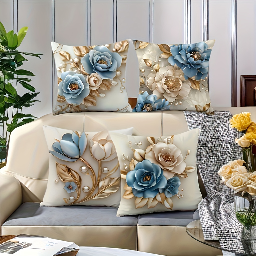 

4pcs Throw Pillow Covers 18x18 Inches - Zippered, Machine Washable Polyester Cases For Sofa & Bedroom Decor - Blue And White Golden Accents