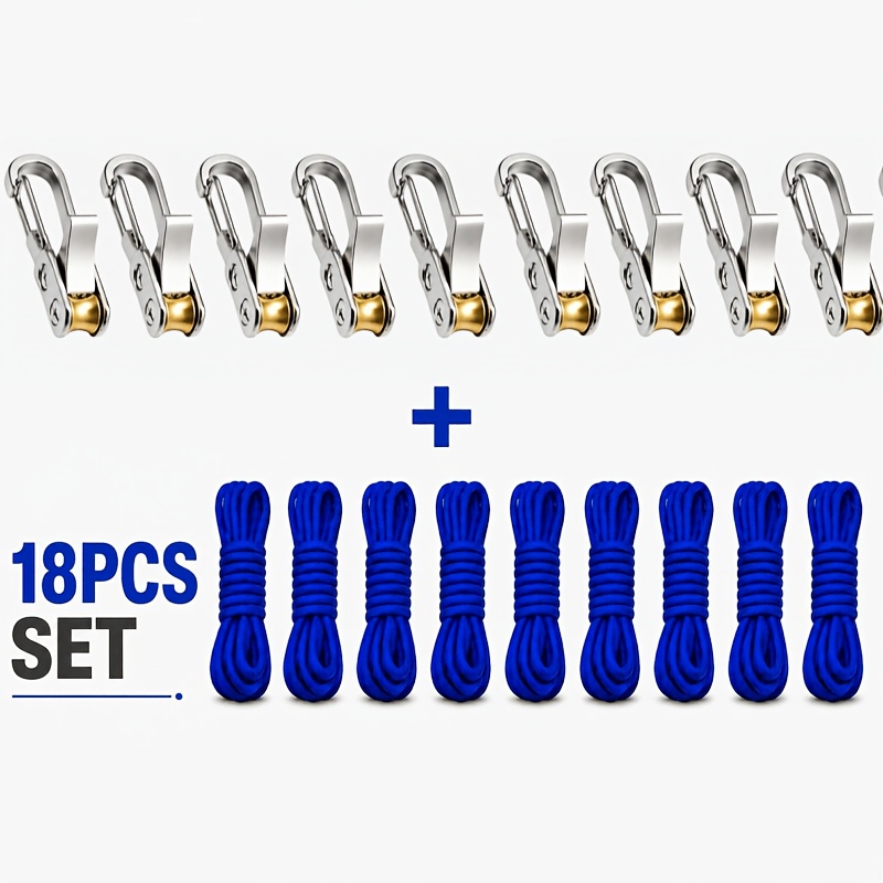 TEMU 18pcs Rope Set With Roller Tensioner, Adjustable Rope Pulley System Set With Locking, Load Capacity 31.75kg, Includes 9 Metal Hooks And 9 Nylon
