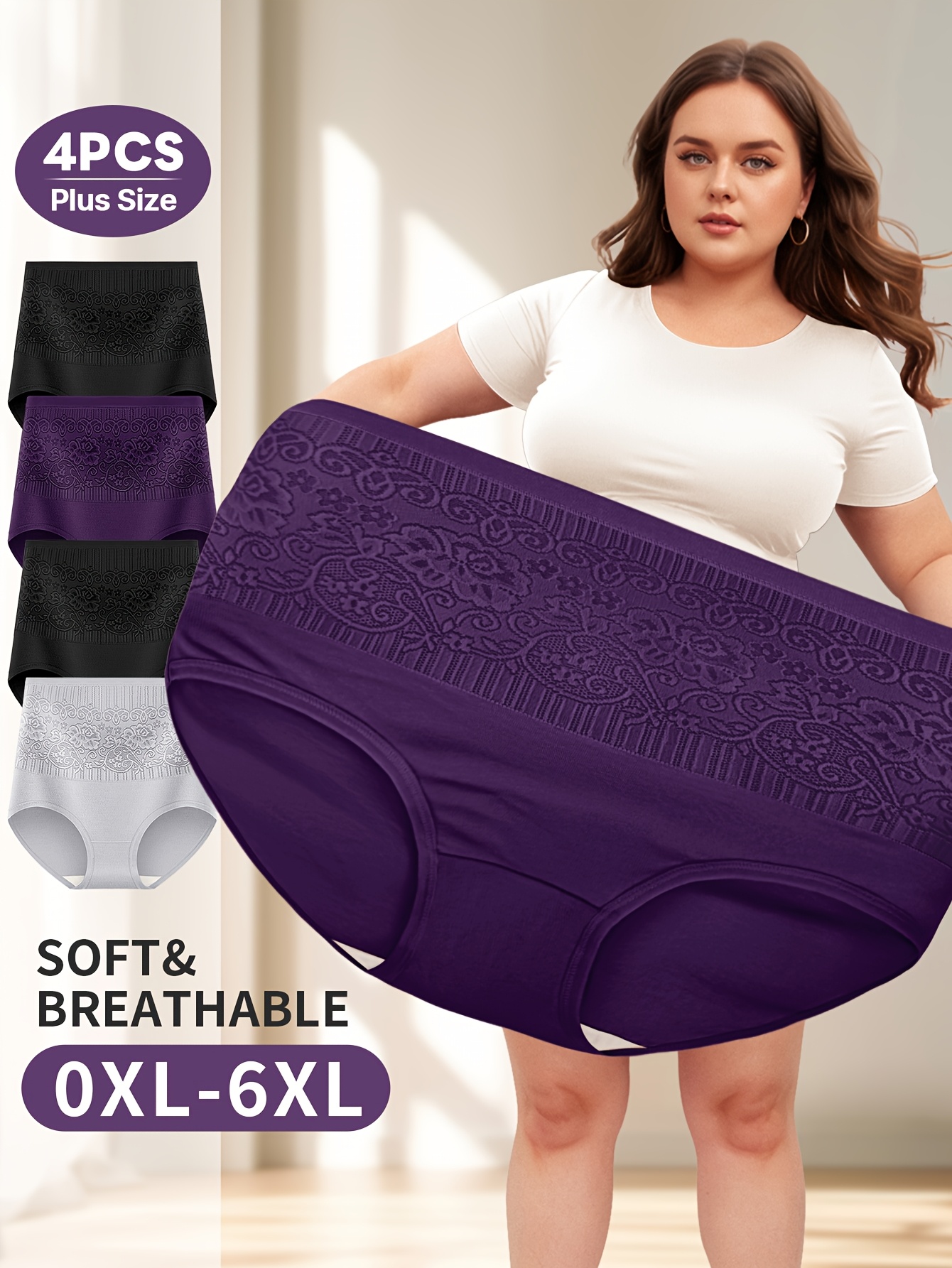 4pcs Plus Size Women'S High-Waisted Briefs - Soft & Breathable Viscose Fabric, Elegant Floral Print, Medium Stretch, Seamless & Light Abdominal Support, 0XL-6XL, Comfortable Underwear | Elegant Undergarment | Stretchable Fabric