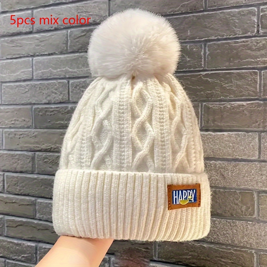 

5pcs Knitted Beanie Hats With Fur Pom Poms For Women, Polyester Skullies, Moisture-wicking Caps With Happy Patch, Assorted Colors - Washable