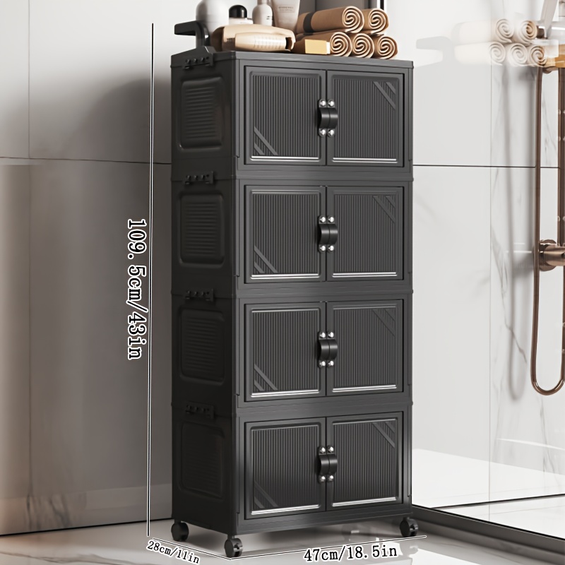 Image of Foldable & Stackable Rolling Storage Cabinet With Wheels - Plastic Mobile Shelving Unit Suitable For Small Spaces, Narrow Organizer For Bathroom, Laundry Room,, Installation, Removable Shelves, Space-