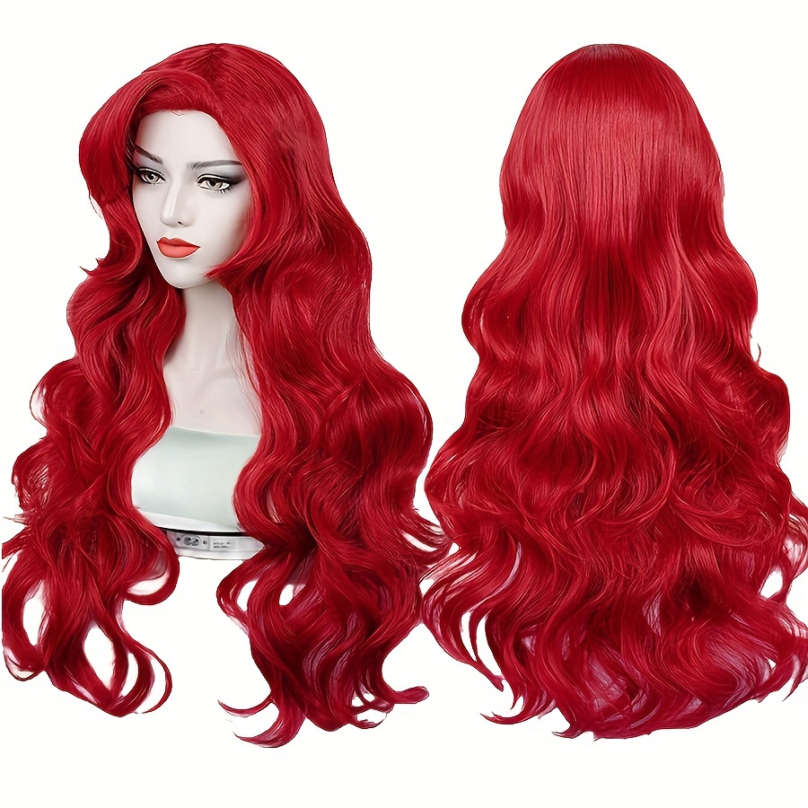 

Women's 28 Inch Red Mermaid Body Wave Wig - High Temperature Fiber, Vacation Style, Rose Net Cap, Full Density, Versatile For Cosplay &