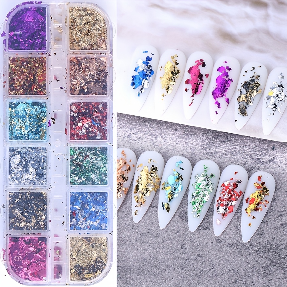 12-slot Colorful Nail Art Decorations - Irregular Ultra-thin Golden And Silvery Foil Flakes - Highlight Golden And Silvery Foil Nail Decorations - Fa06