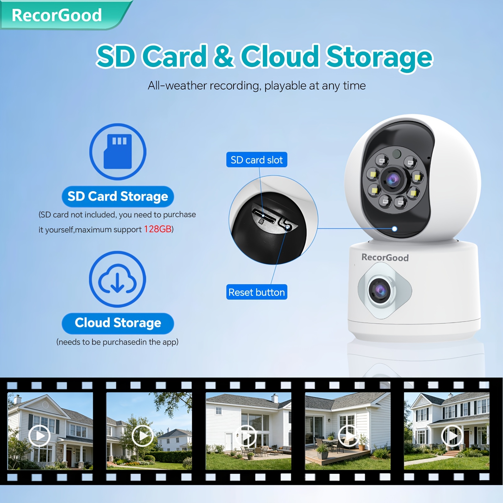 1pc Wireless Dual-Lens Security Camera, Home Property Monitoring, Color Night Vision, AI Motion Detection, PTZ Pan-Tilt Rotation, Multi-User Sharing, Two-Way Talk, Sound And Light Alarm Push, Supports 2.4Ghz Wi-Fi, for Garage