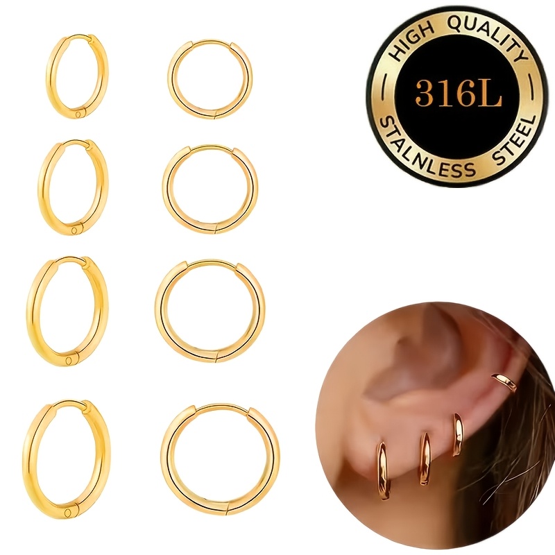 TEMU 8pcs High Quality 316l 316l 316l 316l 316l Stainless Steel Hypoallergenic Round Hoop Earrings, Golden/rose Golden/black/silvery Anti-fade, Easy