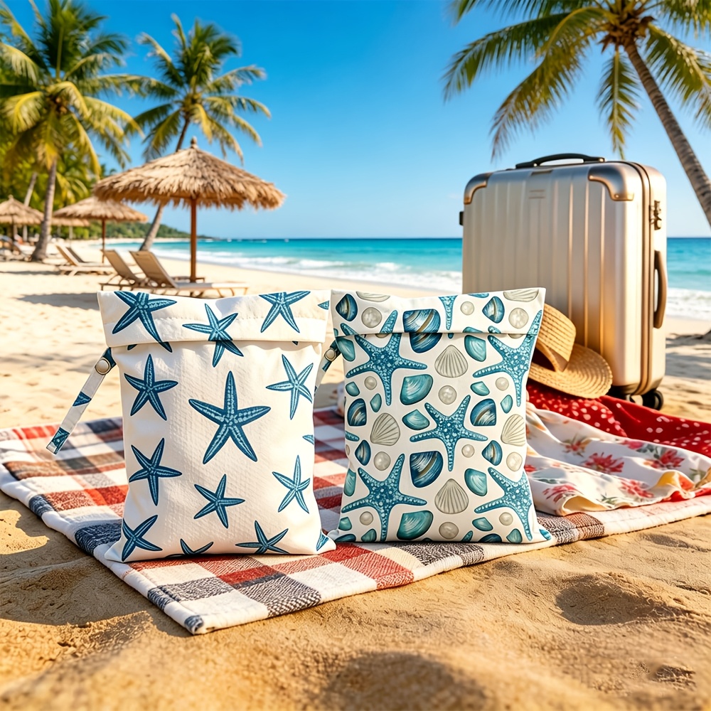 Image of 2pcs Starfish Wet Dry Bags, 12.2" X 10.04", Reusable Wet And Dry Bags, Perfect For Swimwear, Travel, Diapers, Beach, Pool, Laundry, . Ideal For Wedding And Summer-themed Gifts