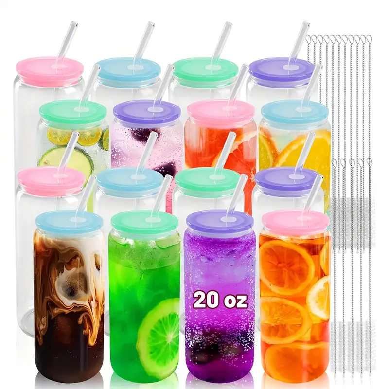 20 oz glass cups with acrylic lids and straws 16 pcs can shaped glass iced coffee cups with lids drinking jar glasses cute tumbler cup great for smoothie soda boba tea cocktail beer gift Product details 7