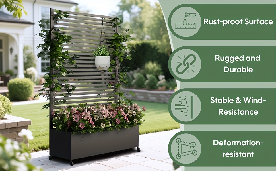 metal planter box with trellis privacy screen 73   x 30 double planter box raised garden bed with trellis wheels planter box outdoor with drainage holes for climbing plants vegetable vines white and black Product details 3