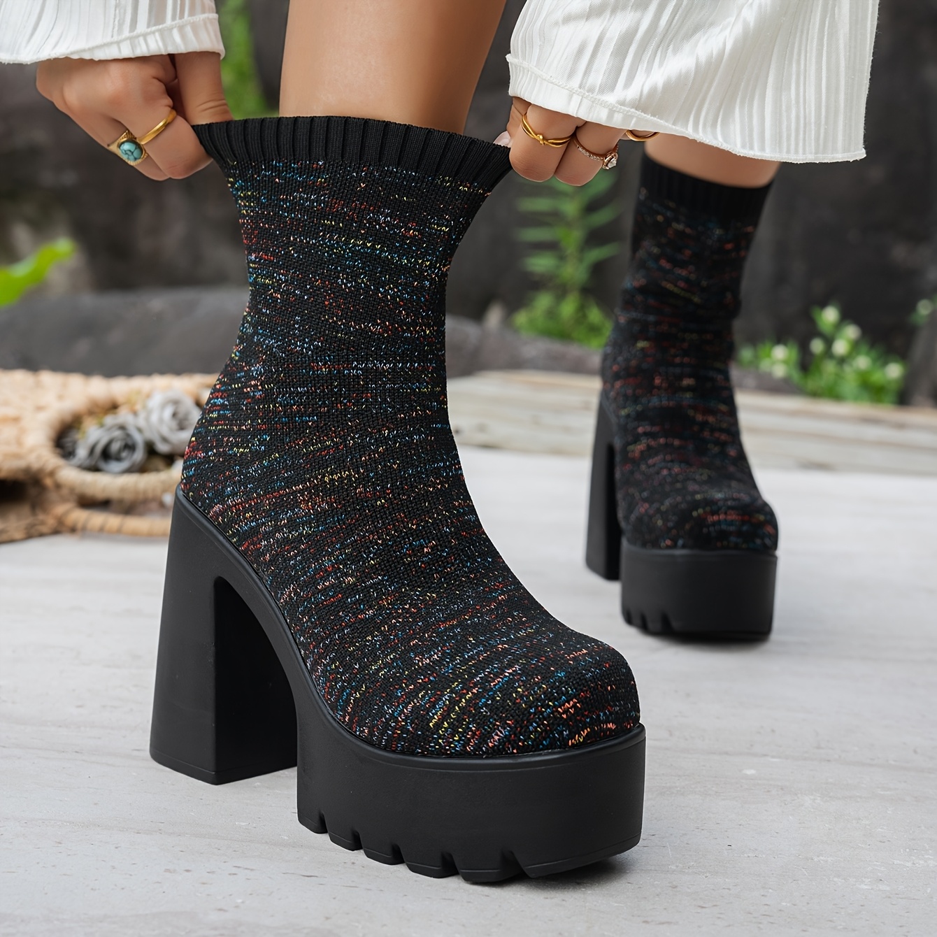 TEMU Women's Chunky Platform Sock Boots 11.5cm Height-boosting Colorful Knit Slip-on Short Boots Party Anti-slip Disco Shoes