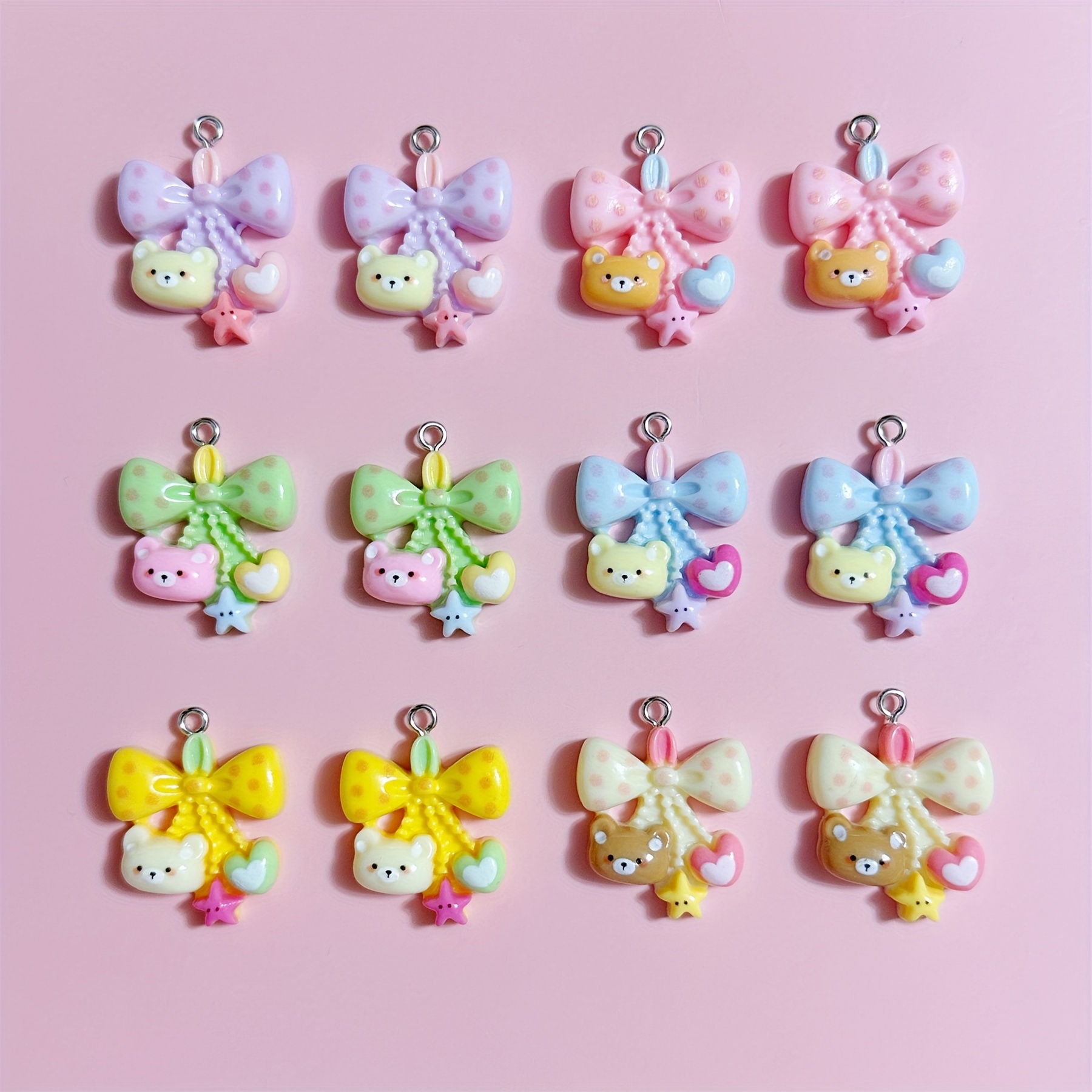 

12pcs Random Mixed Color Cute Bow Bear Pendant For Diy Earrings Necklace Bracelet Keychain Bag Pendant Resin Accessories