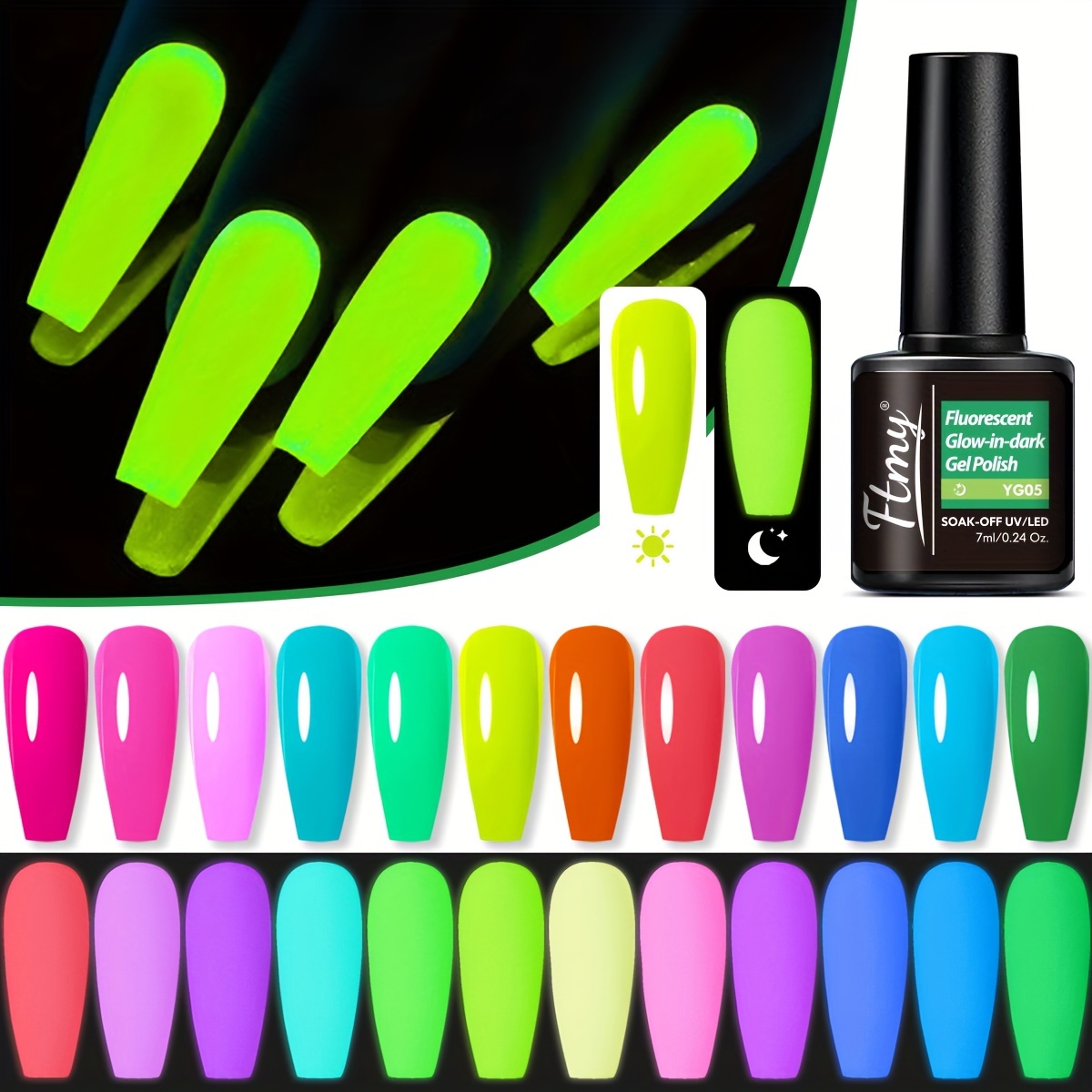 

glamour Glow" Ftmy Glow-in-the-dark Gel Nail Polish, 7ml - Candy Colors, Semi-transparent Shine, Uv/led Ready For Dazzling Nighttime Manicures