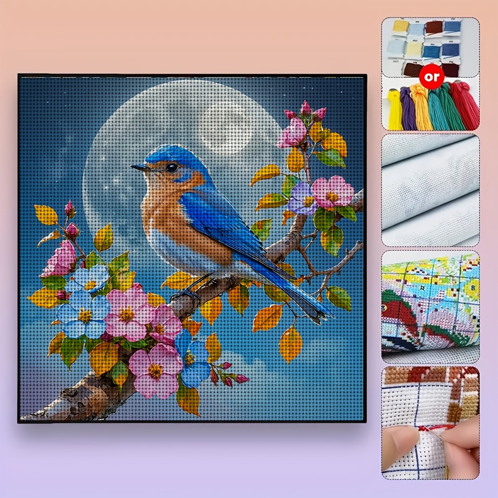 DIY Cross Stitch Printed Kit, Frameless, Blue Bird Perched on a Flowering Branch