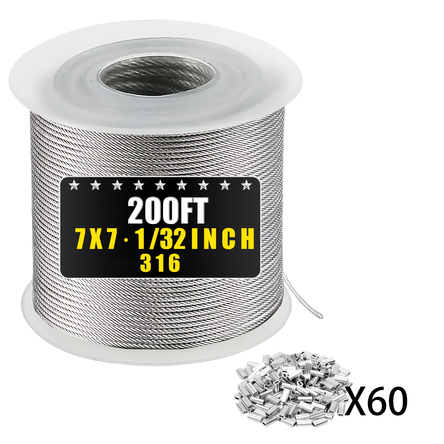 TEMU 304 Stainless Steel Wire Rope, 50/100/200 Feet 1/32 Inch Wire Rope With Multiple Sleeves, For Hanging String Lights, Clotheslines, Trellis