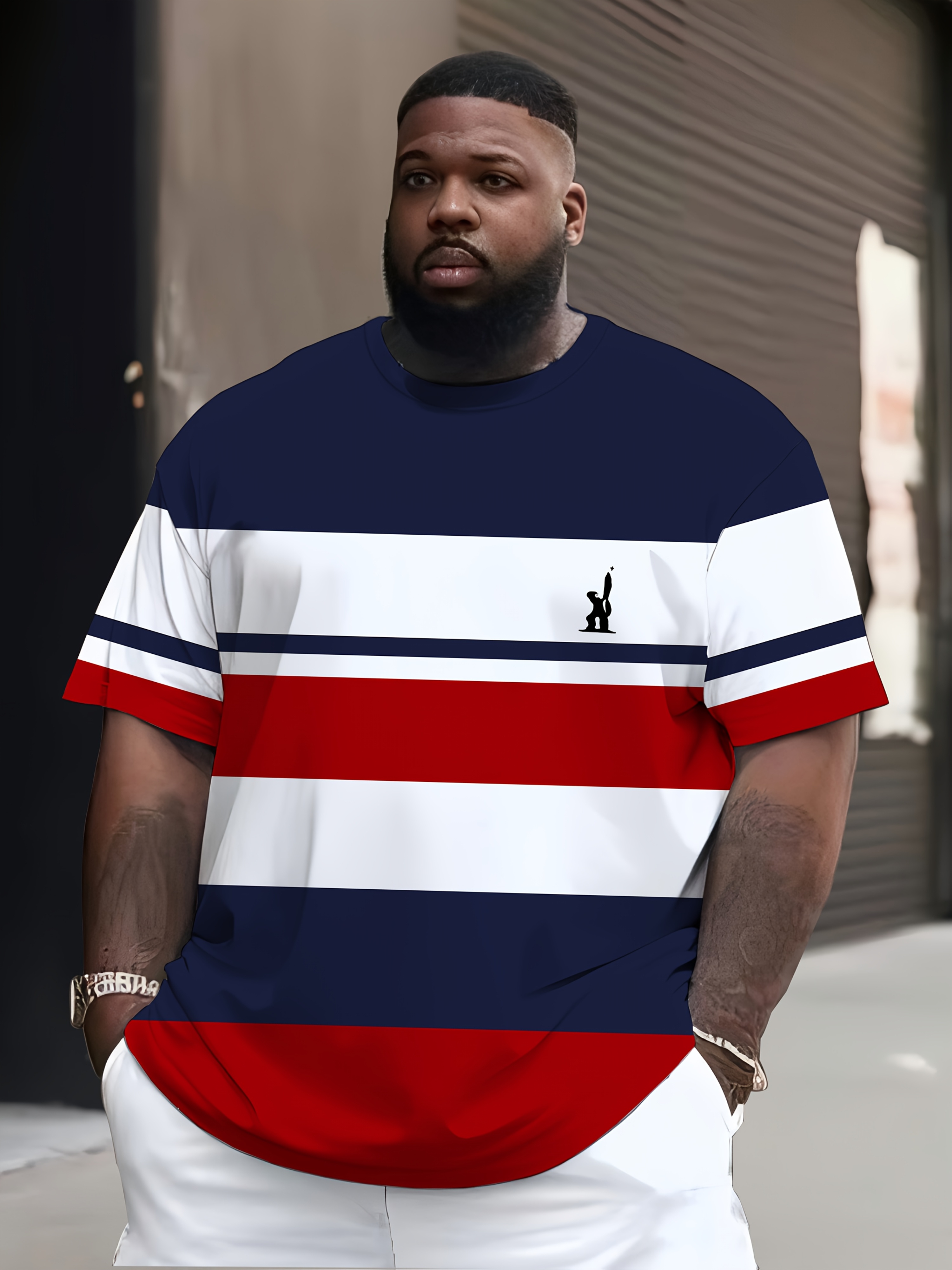 Plus Size Men's 3D Graphic Tee - Casual & Sporty, Navy Blue/White/Red Striped Print, Round Neck, Short Sleeve, Polyester Blend, Machine Washable, PLUS SIZE