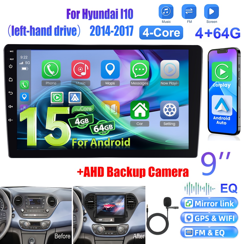 Image of For I10 15 Car Stereo Compatible Upgrade With & Auto, 9” Ips Touchscreen, Gps, Wireless, Wifi, Ahd Backup, Ai Dsp Radio, Fm/rds, Swc For Left-hand Drive (2014-2017)