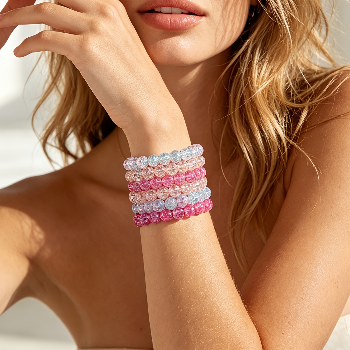 6pc Bohemian Pastel Crackle Glass Beaded Bracelets Set