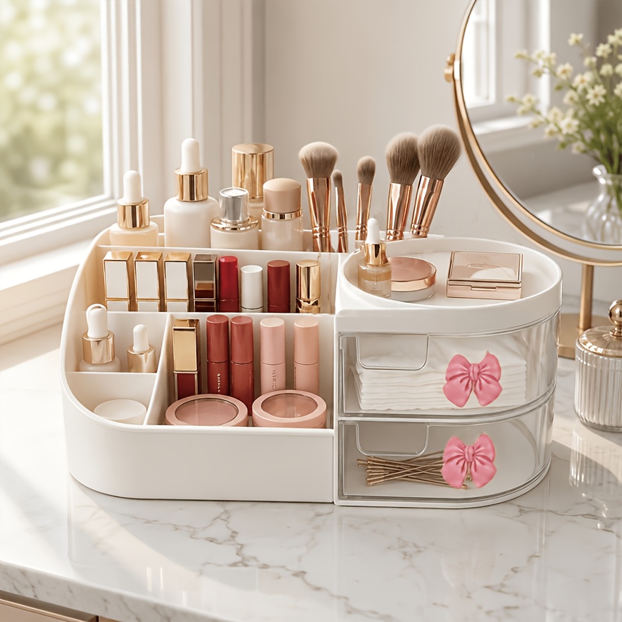 TEMU 1pc Bow Desktop Makeup Organizer Box With Drawers And Compartments, Cute Beauty Storage Container For Lipsticks, Mascara, Foundation, Perfume,