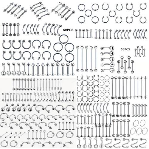 100-teiliges bauchnabelring-set, 92 gemischte piercingschmuck-kits mit ohrknorpel-studern und nasenringe, 85 edelstahl-lippen- & augenbrauen-piercings, 55 punk-piercing-zubehör