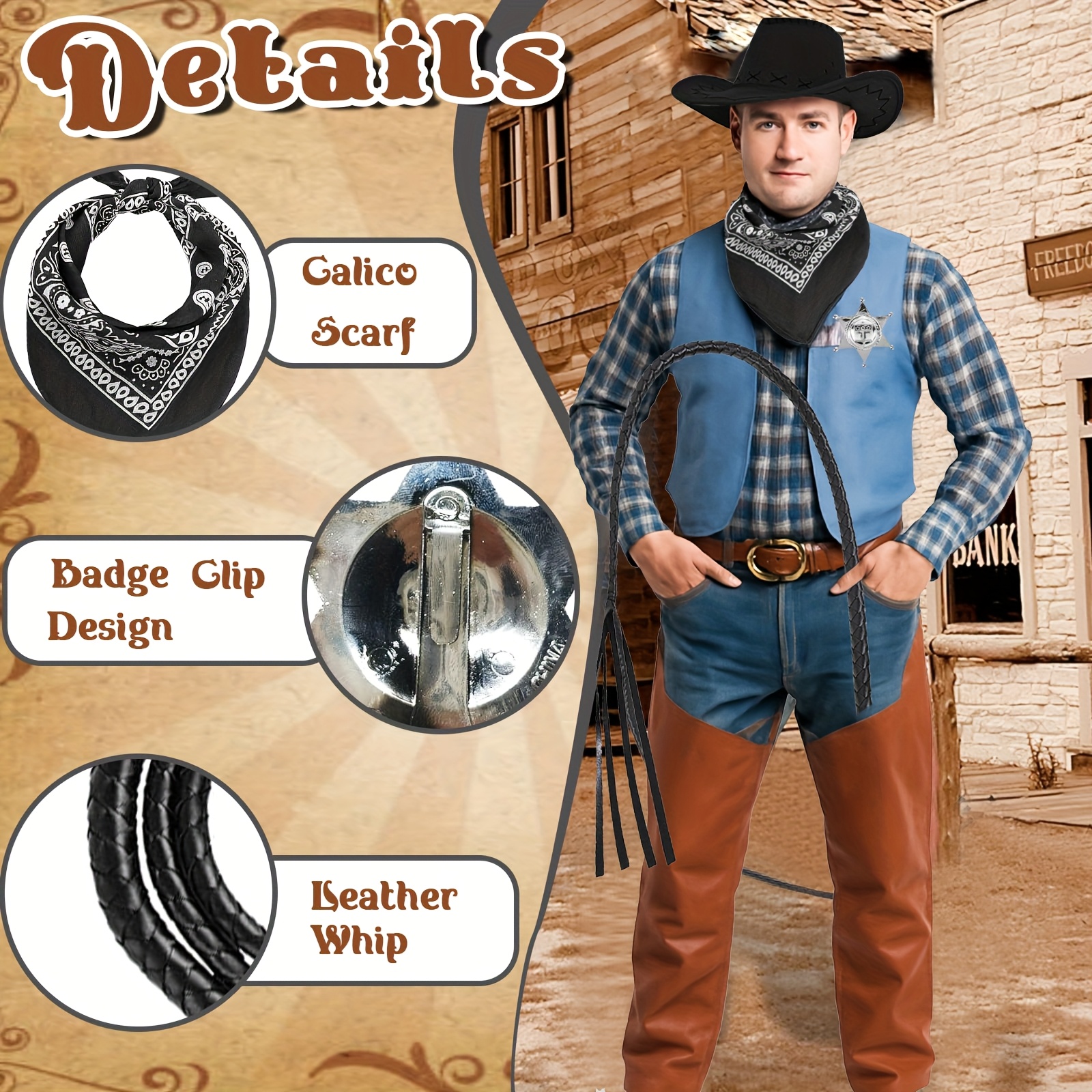 2 Pcs Cowboy Hat and Metal Belt Western Outfit Set Unisex Adult 7pcs western cowboy hats men set including hat necklace belt  main image 3