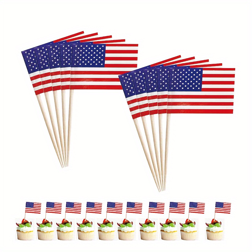 

100pcs Wooden American Flag Toothpicks, Patriotic Paper Flags For Dessert, Appetizers, Holiday Party Decorations, Food-grade Wood Sticks For Christmas, Halloween, Easter, Hanukkah, Thanksgiving