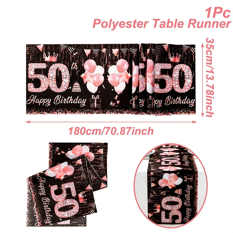 Image of 1pc 50th Birthday Table Runner With Rose Crown & Number 50 - Golden Elegant Party Decorations, Table Flag For 50th Birthday Party Supplies For, Adult Birthday Party Dining Table