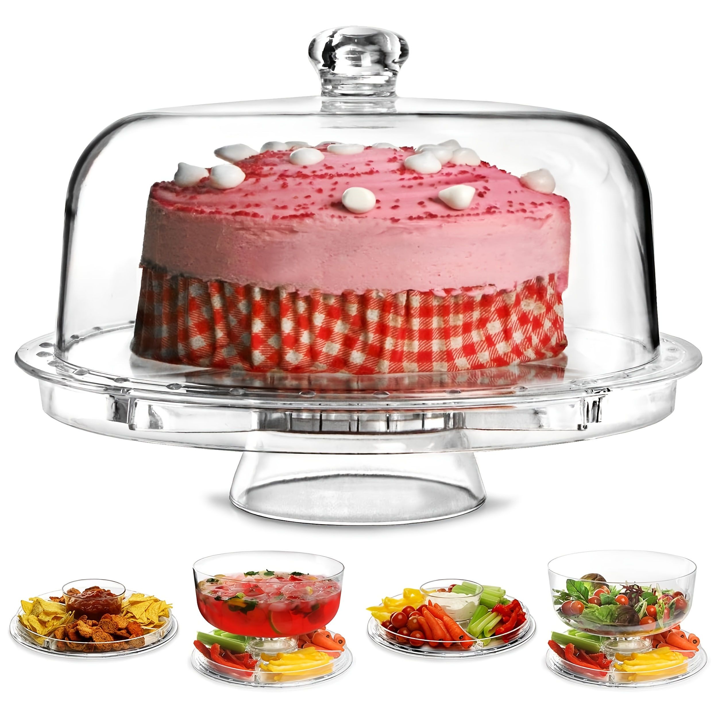 Acryl Kuchenteller mit Deckel, Kuchenplatte, (6 in 1) Multifunktionale Servierplatte, Großer Kuchenteller mit Kuppel, Kuchenständer mit Deckel & Kuchenkuppel