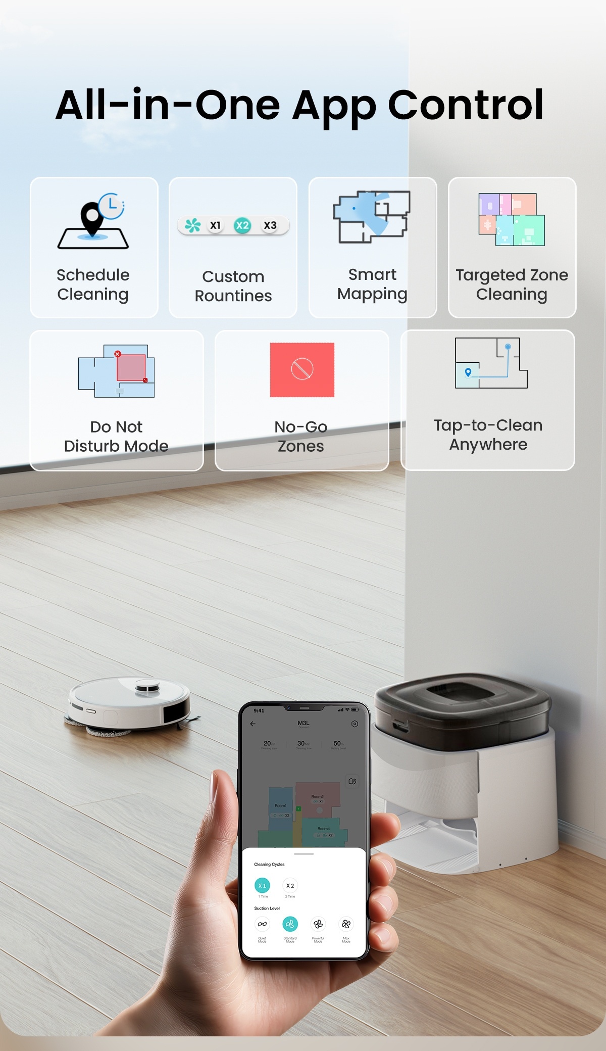 Lefant M3L Robot Vacuum Cleaner, All-in-One Base Station, 12000 Pa Suction Power, 240-Minute Battery Life, LiDAR Laser Navigation, PSD Obstacle Avoidance Technology, Carpet Detection, Dual Spin Mop, Automatic Mop Washing And Drying, Gray-Steam