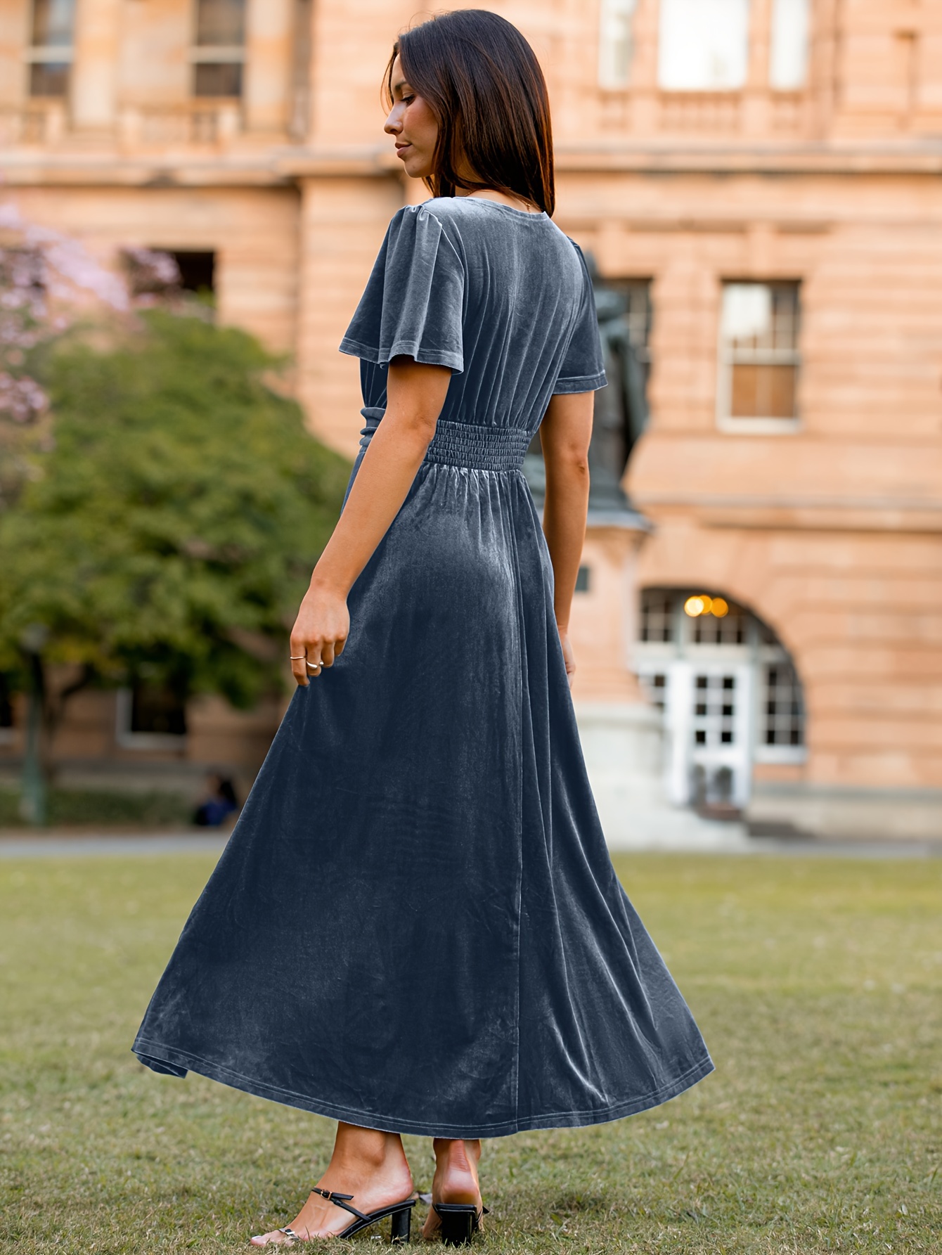 knee length dresses for ladies Women Solid Red V-Neck Velvet Thigh-High Slit Straight Hem Knitted A-Line  Maxi Dress