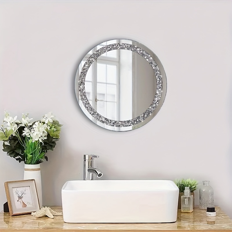 

Round Wall Mirror With Sparkling Crystal, Vanity Makeup Mirror For Bathroom, Washbasin, Home Decoration Mirror