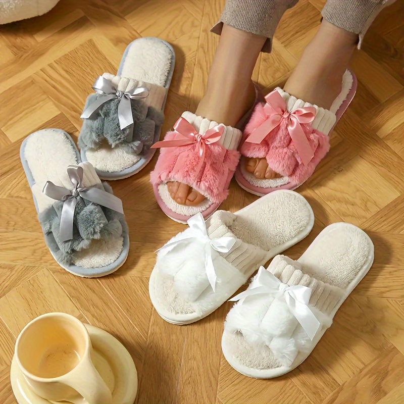 

Velvet Patchwork Bowknot Women's Home Slippers Soft Sole Non-slip Breathable Slippers