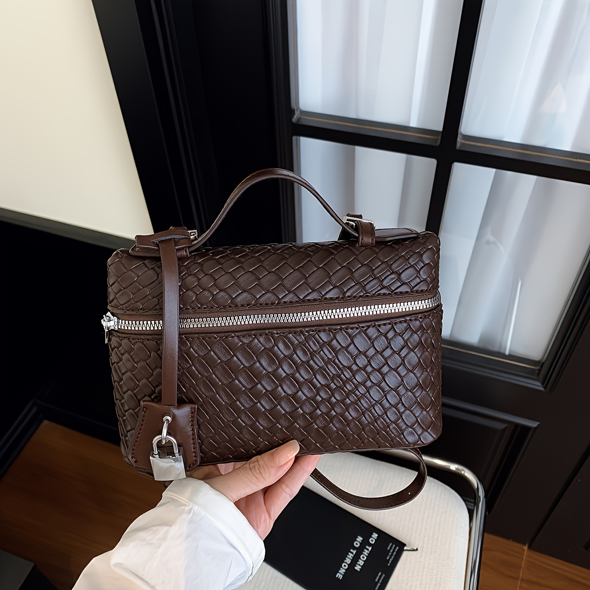TEMU [women's Small Handbag] Premium Women' Solid Color Pu Embossed Woven Grid Small Handbag Women's Handbag Handle Bag Versatile Crossbody Bag Woven