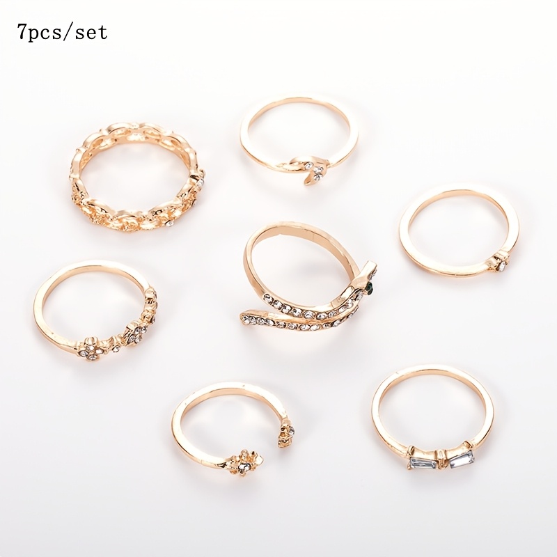 TEMU 7pcs/sets Women's Fashion Bohemian Geometric Hollow Moon Snake Ring Set Creative Niche Golden Micro-inlaid Synthetic Zirconia Opening Knuckle