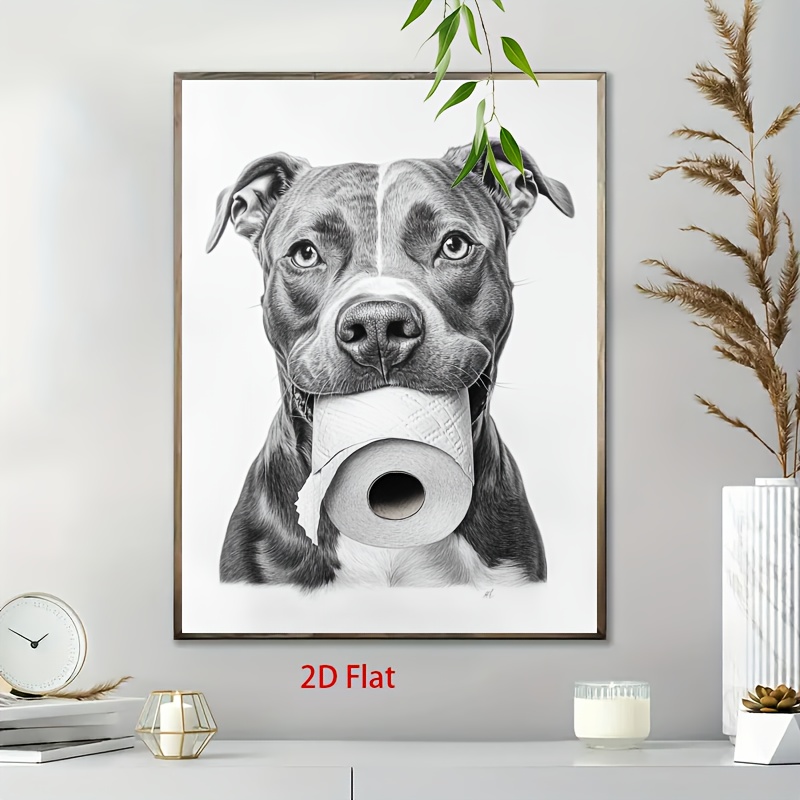 TEMU 2d Flat, 2d Flat, A 2d Flat 1pc Unframed Canvas Print Featuring A Bulldog Holding Toilet Paper, This Vintage-style Wall Art Is Perfect For