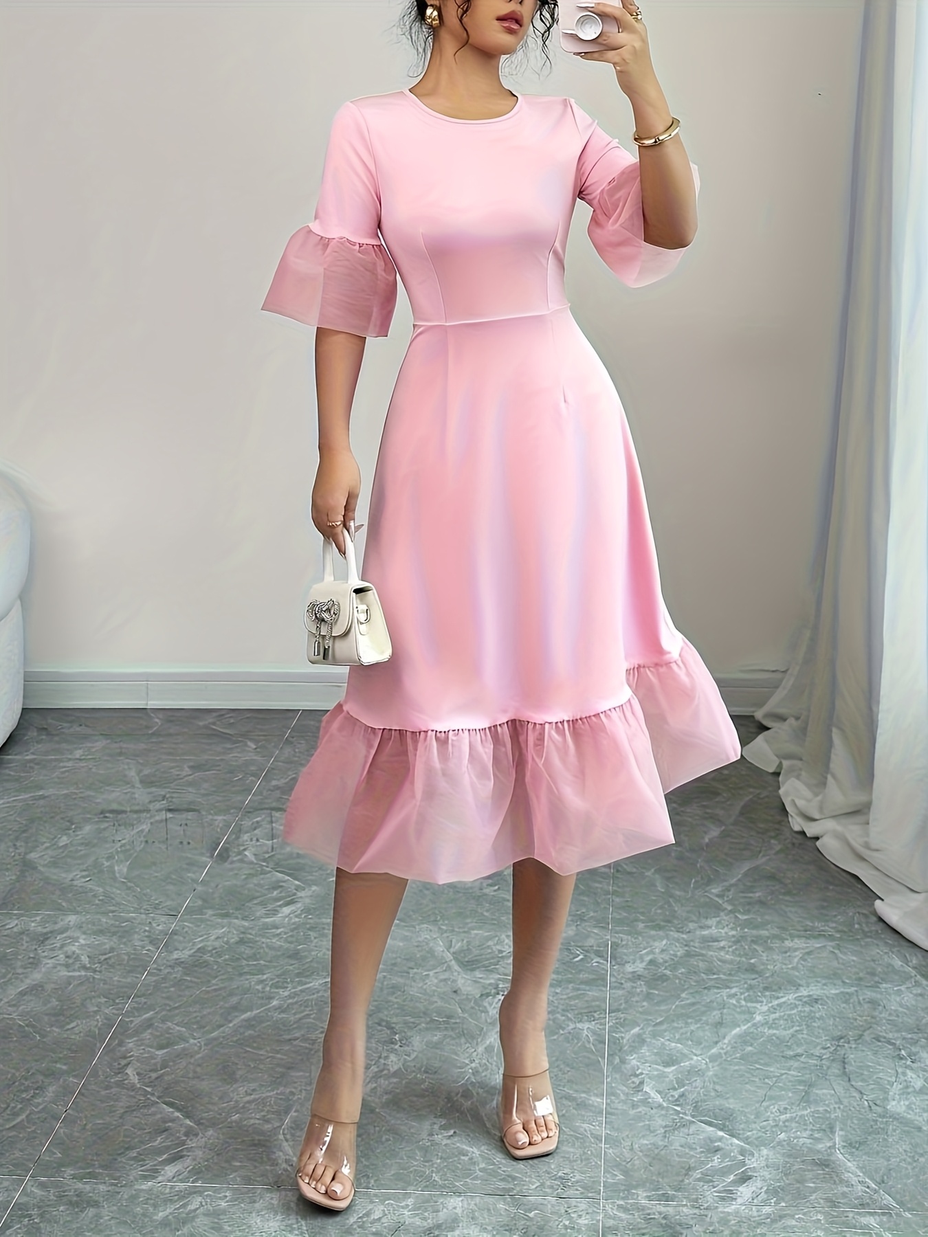 womens plus size elegant summer dress pink short - Temu Bahrain