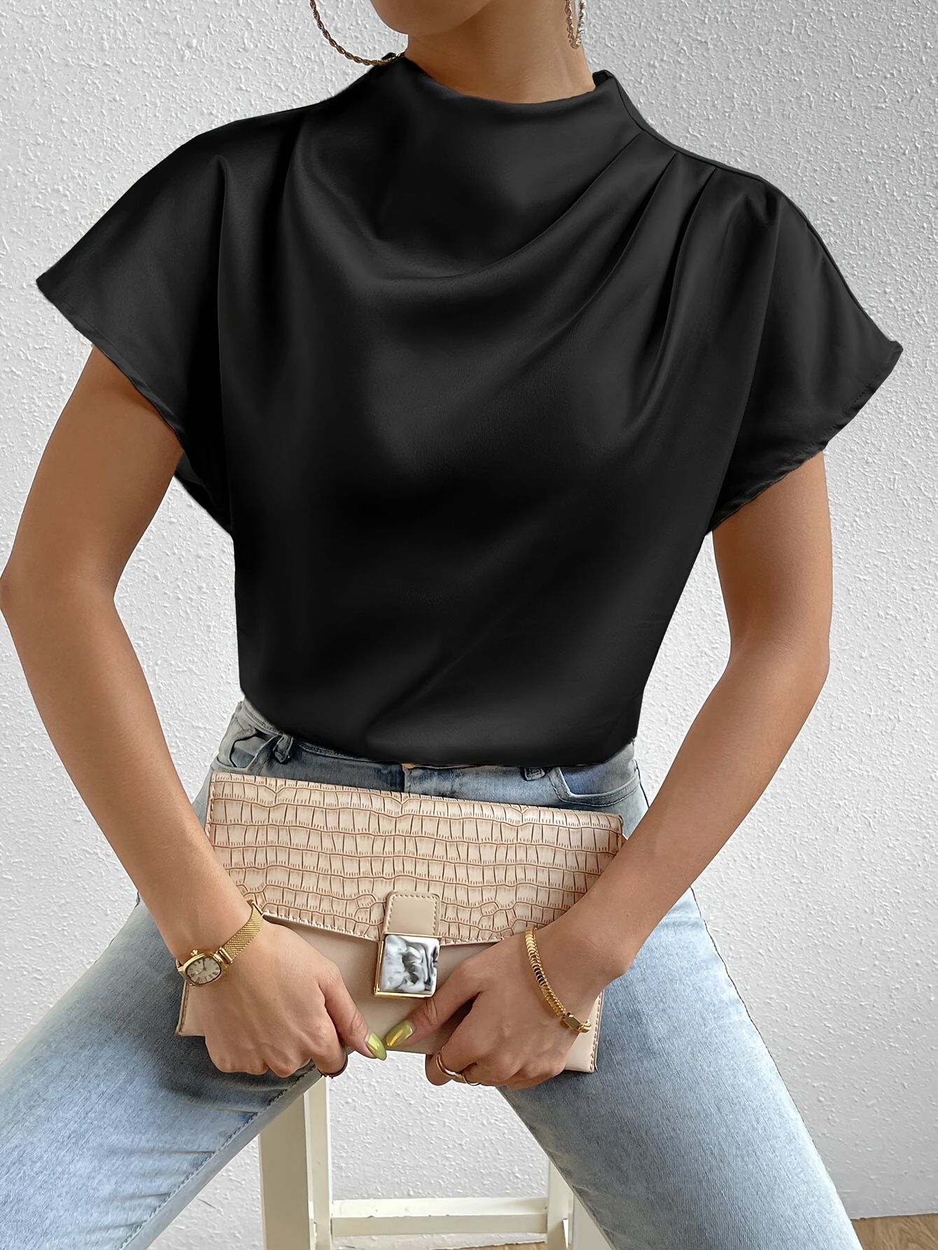 elegant black satin blouse with cowl neck batwing sleeves ruched detail machine washable non sheer polyester   spring summer womens fashion
