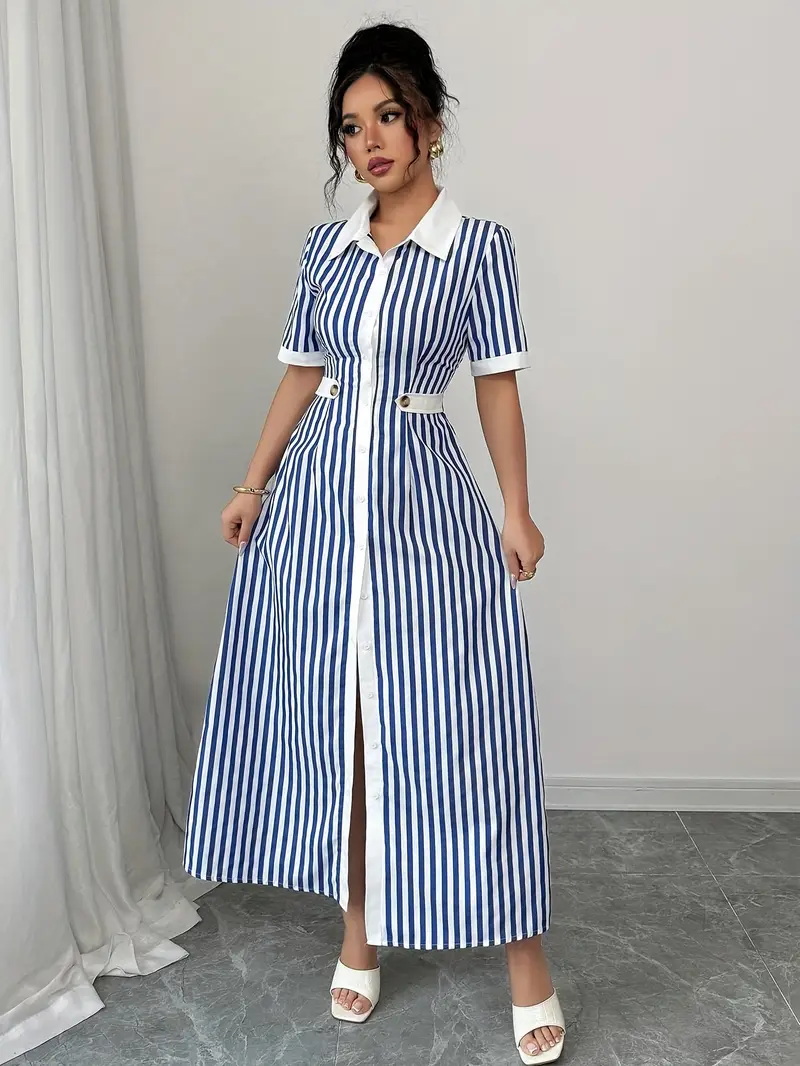knee length shirt dress with sleeves Navy Blue Checks Handspun Cotton Knee Length Button-Down Shirt Dress 32" / Petite (5'1" and below)